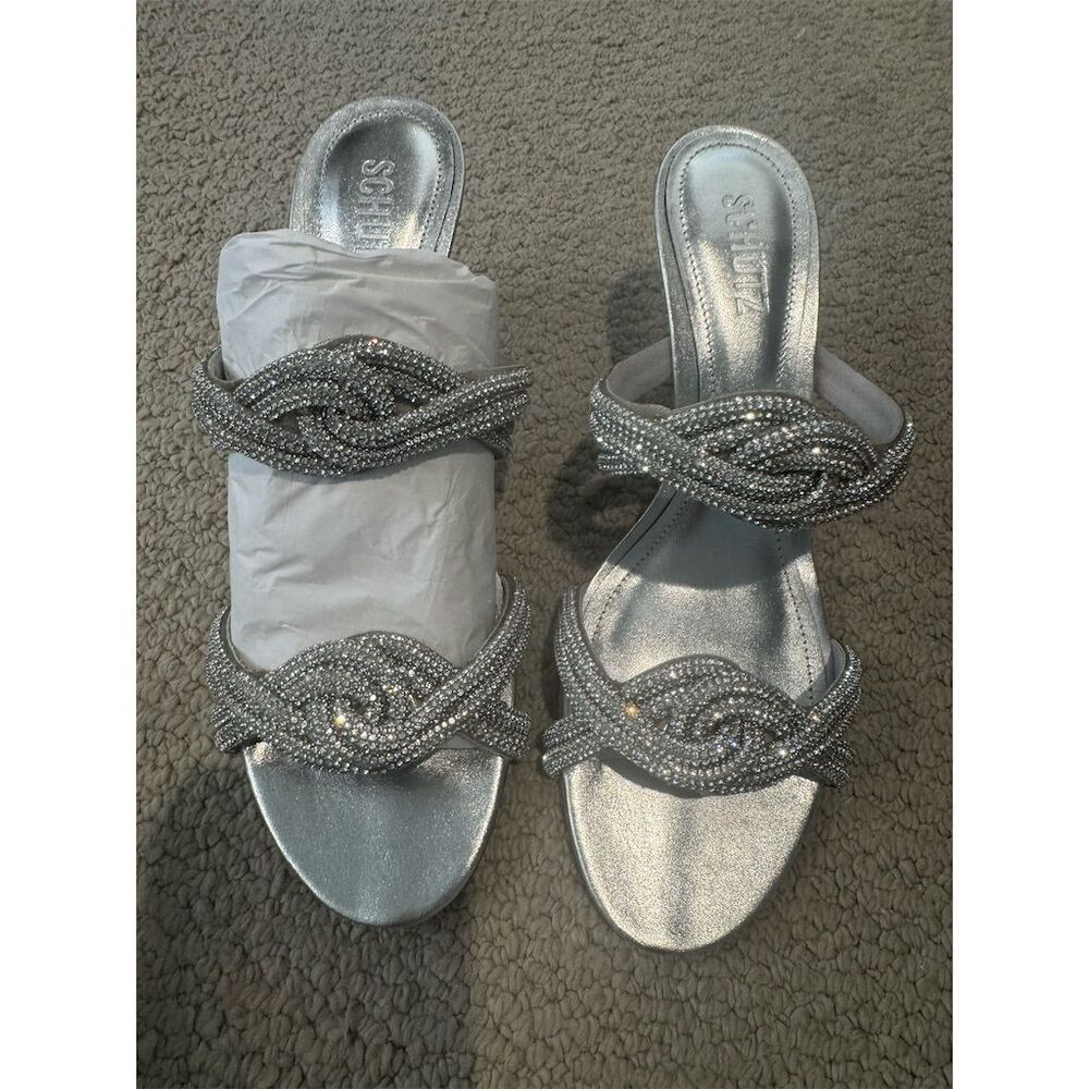 Schutz Women's Silver Jocelyn Mule Sandal with Crystal Embellishments 39.5 - Picture 5 of 5